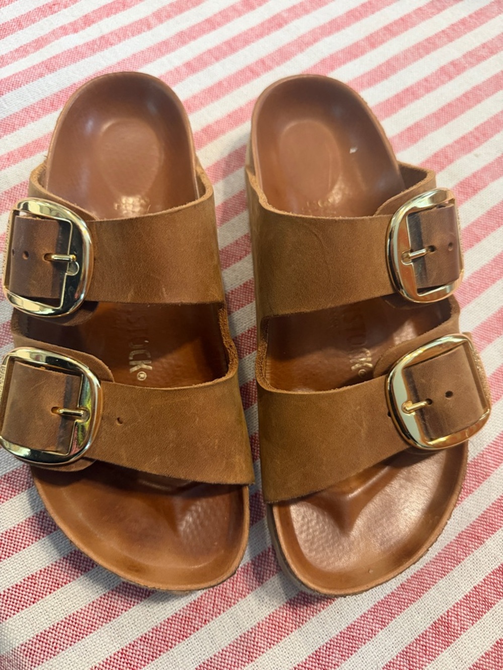 Birkenstock Brown Double-Buckle Slide Sandals with Gold Buckles